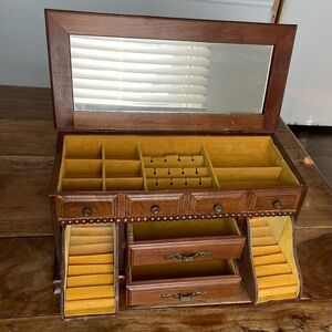 Vintage Wooden Jewelry Box with Mustard Yellow Velvet Lining